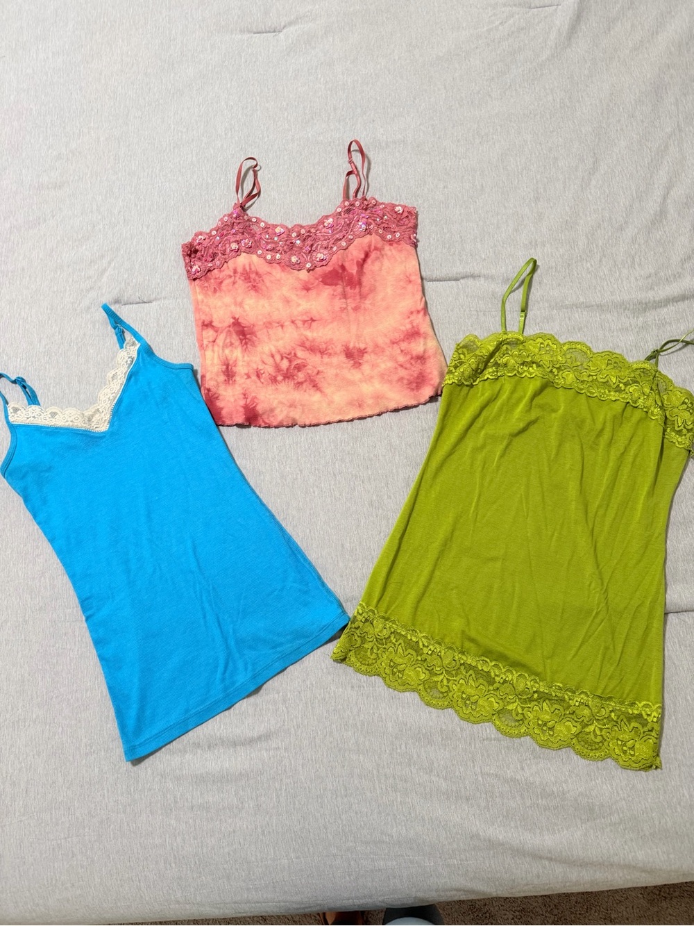 Blue, Pink Tie-Dye & Green Lace Trim Cami Tops - Women
